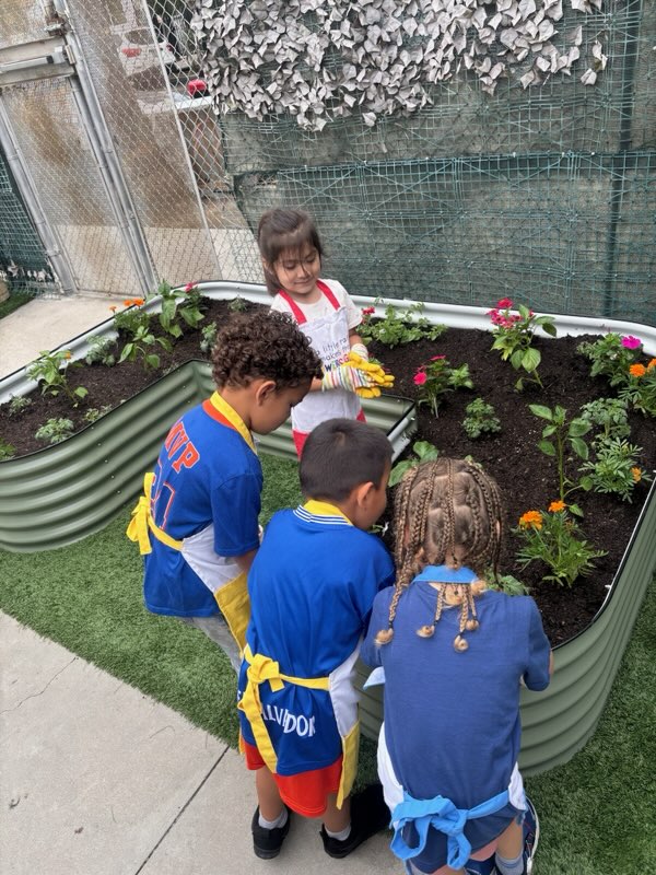 Children in gardening aprons planting flowers at Sunny West